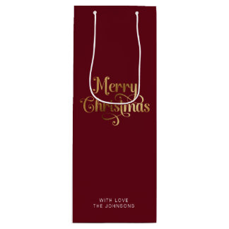 Simple Retro Script Red Gold Merry Christmas Wine Gift Bag
