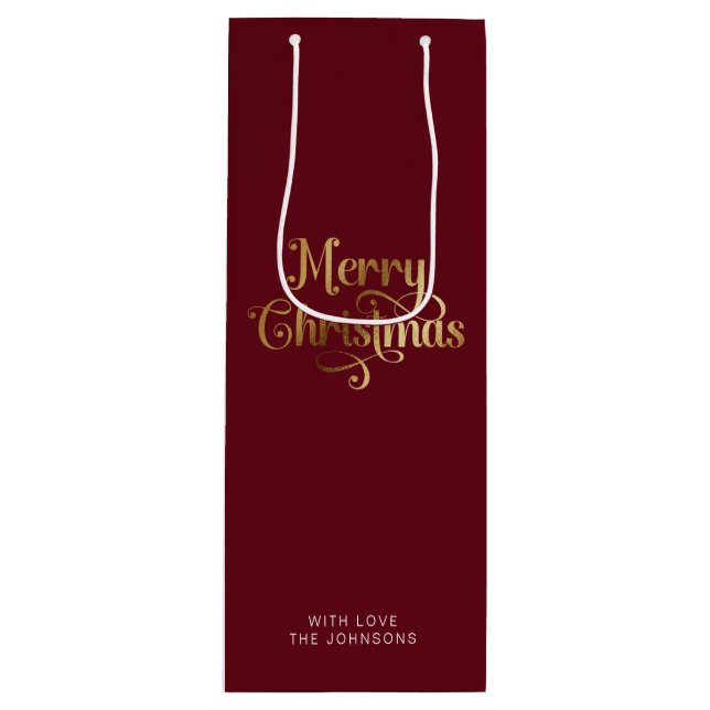 Simple Retro Script Red Gold Merry Christmas Wine Gift Bag (Front)