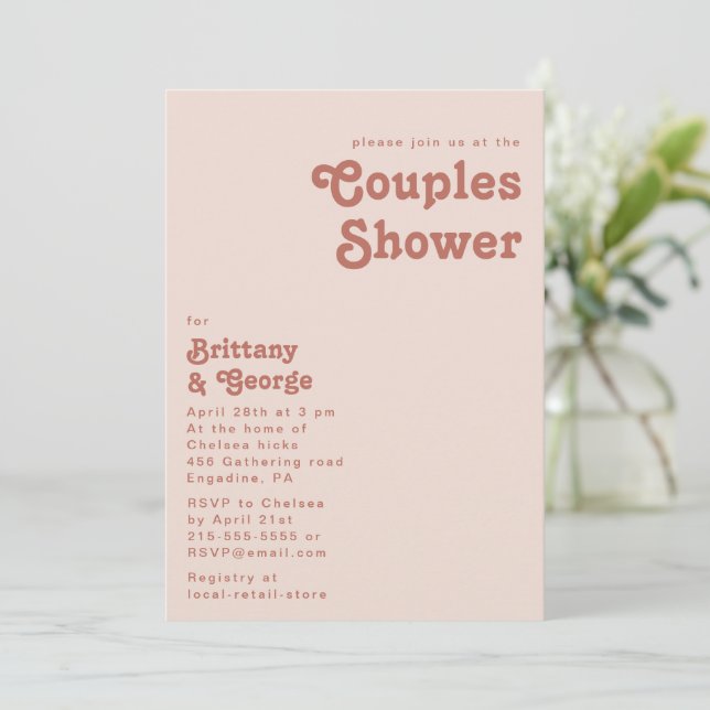 Simple Retro Vibes | Blush Pink Couples Shower Invitation (Standing Front)