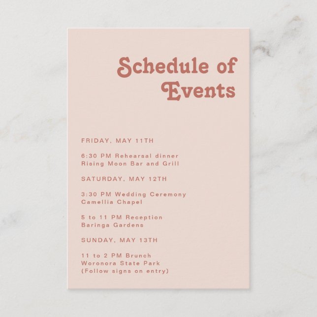 Simple Retro Vibes | Blush Pink Schedule of Events Enclosure Card (Front)