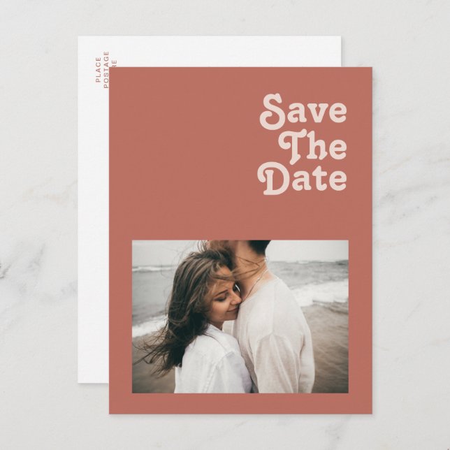Simple Retro Vibes | Old Rose Photo Save The Date Invitation Postcard (Front/Back)