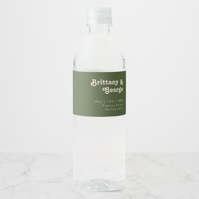 Simple Retro Vibes Olive Green Water Bottle Label (Front)