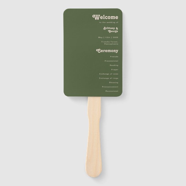 Simple Retro Vibes | Olive Green Wedding Program Hand Fan (Front)