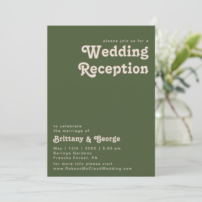 Simple Retro Vibes | Olive Green Wedding Reception Invitation (Standing Front)