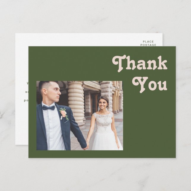 Simple Retro Vibes | Olive Green Wedding Thank You Postcard (Front/Back)