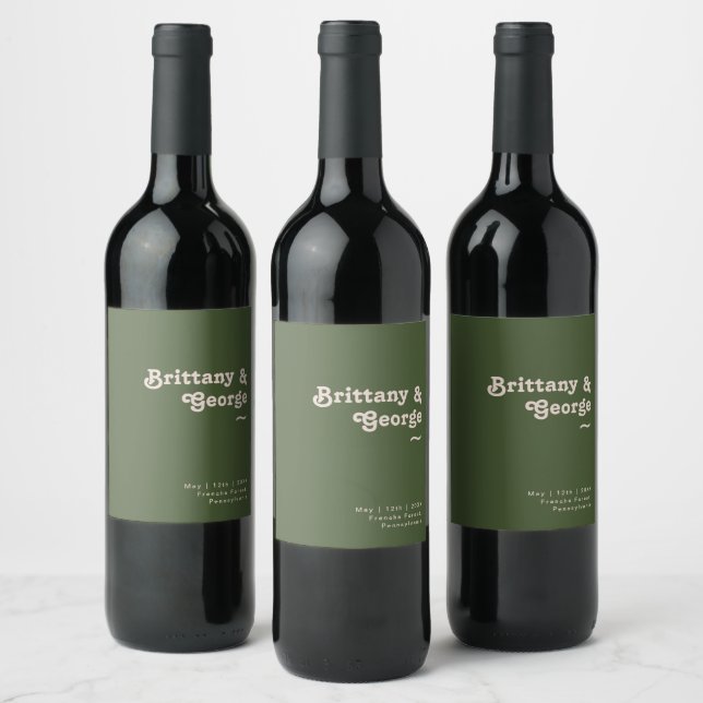 Simple Retro Vibes Olive Green Wedding Wine Label (Bottles)