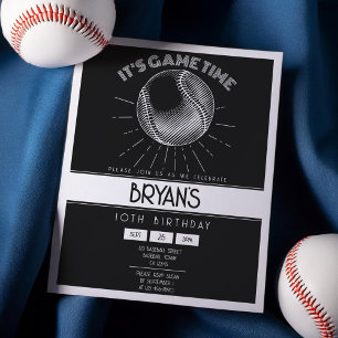 Simple Retro White Baseball Budget Birthday Invite