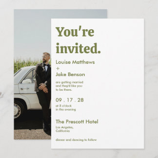 Simple RetroMinimalist GreenandWhite Photo Wedding Invitation