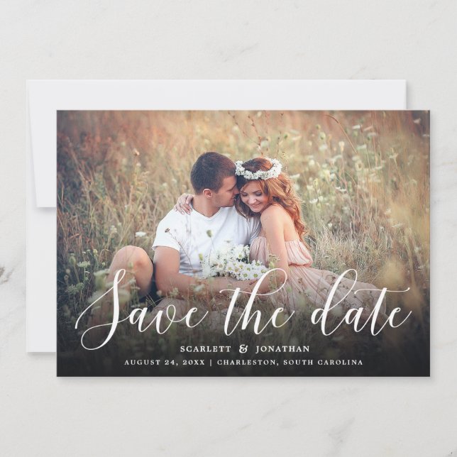 Simple Romance Elegant Typography Photo | White Save The Date (Front)