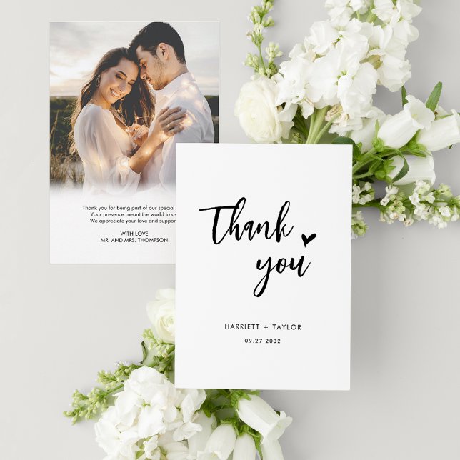 Simple Romantic Script Heart Photo Message Wedding Thank You Card (Creator Uploaded)