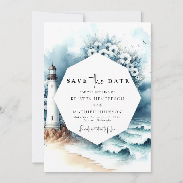 Simple Romantic Typography Lighthouse Wedding Save The Date (Front)