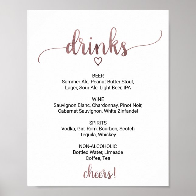 Simple Rose Gold Calligraphy Drink Menu Sign (Front)