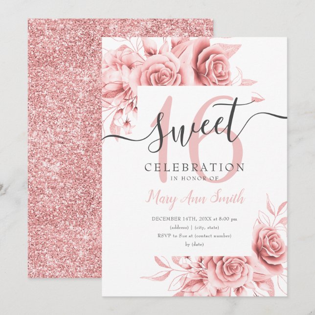 Simple Rose Gold Floral & Glitter Sweet 16 Script  Invitation (Front/Back)