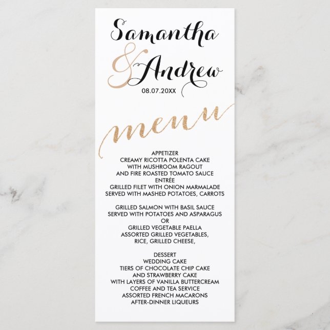 Simple rose gold foil chic wedding menu (Front)