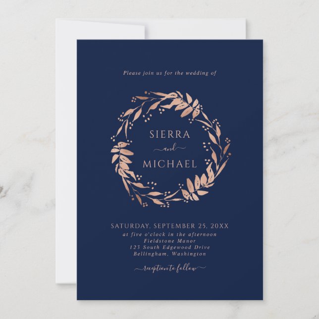 Simple Rose Gold Foliage Navy Blue Wedding Invitation (Front)