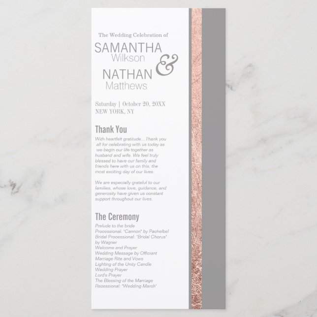 Simple Rose Gold Frame Slate Grey Wedding Programme (Front)
