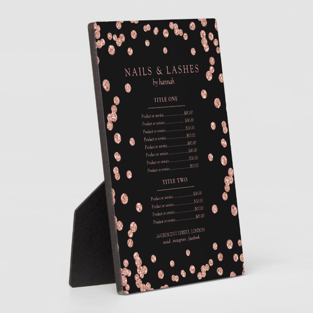 Simple Rose Gold Glitter Confetti Price Menu Black Plaque (Side)