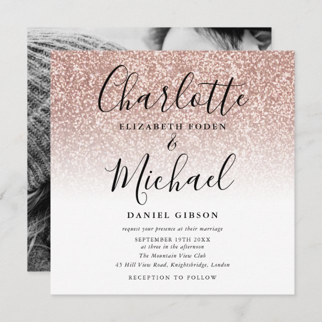 Simple Rose Gold Glitter Script Wedding Photo Invitation (Front/Back)