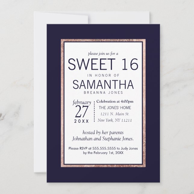 Simple Rose Gold Lined Navy Blue Sweet 16 Invites (Front)