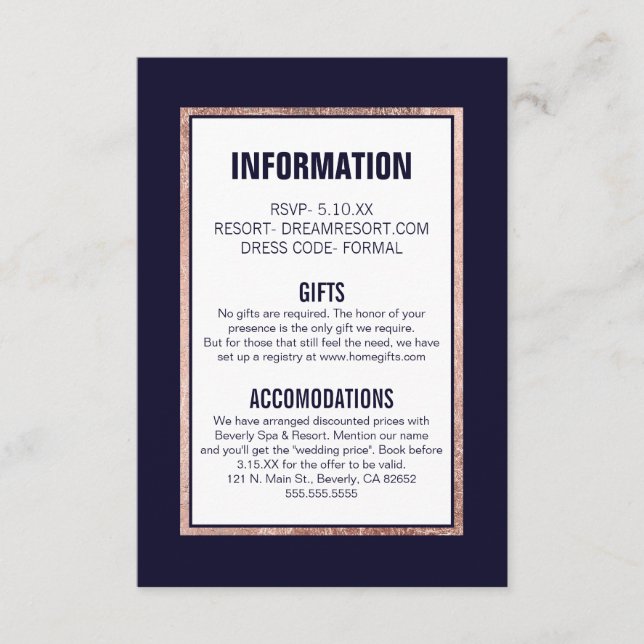 Simple Rose Gold Lined Navy Blue Wedding Details Enclosure Card (Front)
