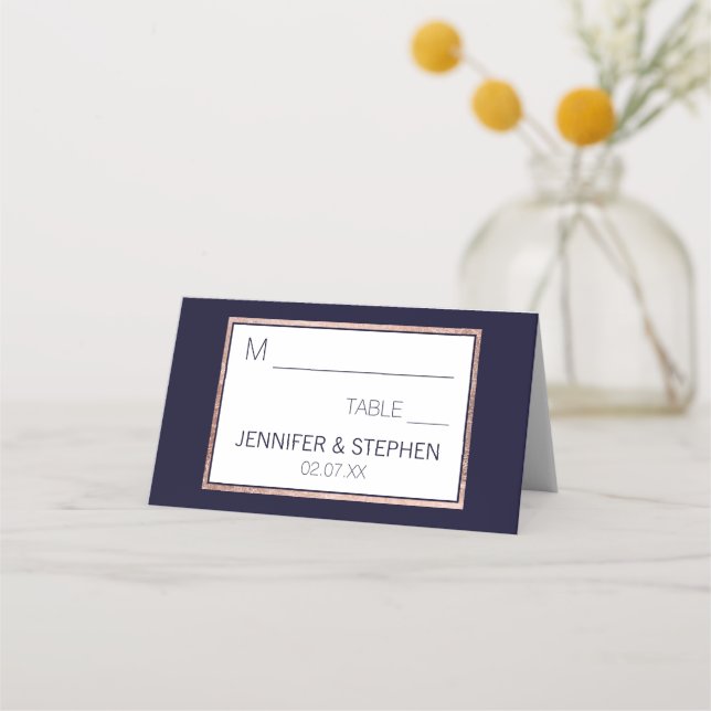 Simple Rose Gold Lined Navy Blue Wedding Place Card (Front)