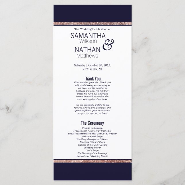 Simple Rose Gold Lined Navy Blue Wedding Programs Programme (Front)