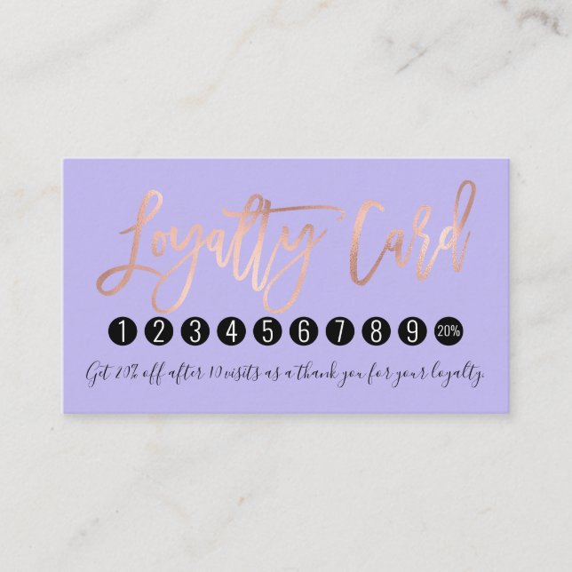 Simple Rose Gold Modern Typography Lavender Loyalty Card (Front)
