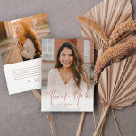 Simple Rose Gold Script 2 Photo Graduation Thank You Card<br><div class="desc">A Simple Rose Gold Script 2 Photo Graduation Thank You Card with handwritten font full bleed portrait photo on the front with name and graduation details. The back has a second photo and thank you message from the grad. Click the edit button to customise this design.</div>
