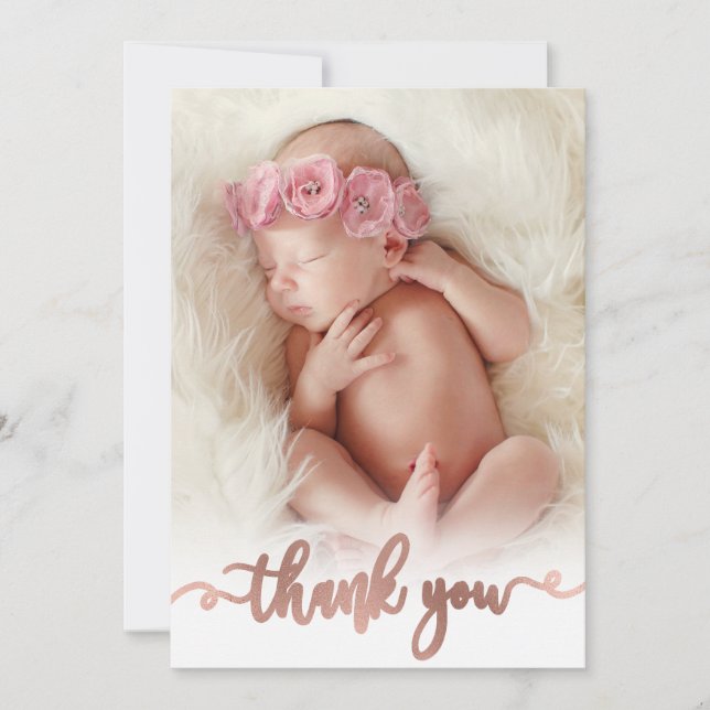 Simple Rose Gold Script Baby Photo Thank You (Front)