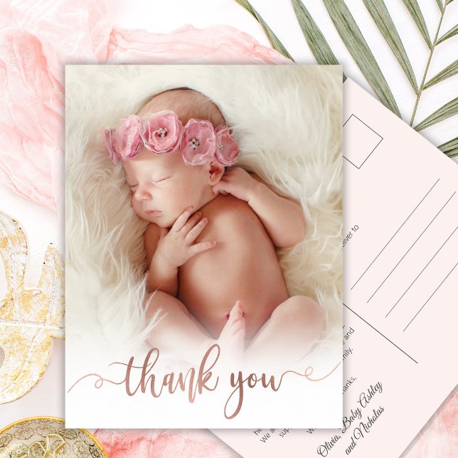 Simple Rose Gold Script Baby Photo Thank You Postcard (Creator Uploaded)