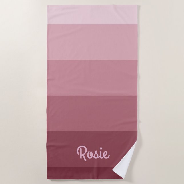 Simple Rose Gradient Stripes with Custom Name Beach Towel (Front)