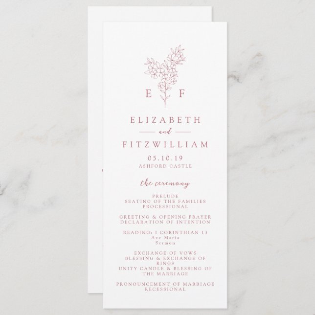 Simple Rose Pink Cherry Blossom Monogram Wedding Programme (Front/Back)