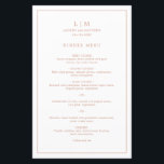 Simple Rose Pink Monogram Elegant Wedding Menu<br><div class="desc">Simple wedding menu featuring a modern yet elegant design with your two letter monogram along with your names and date surrounded by a thin border. All text is in faux rose gold over a white background. The fonts and background colours may be changed to any colours you wish by clicking...</div>