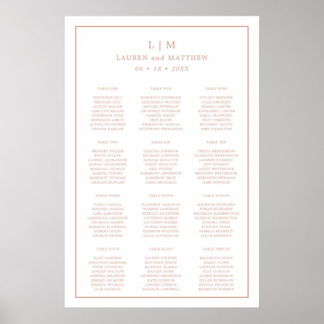Simple Rose Pink Monogram Wedding Seating Chart (Front)