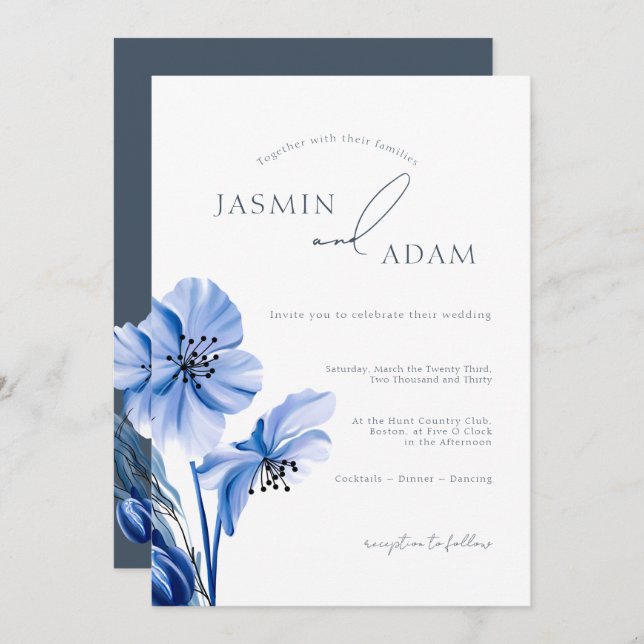 Simple Royal Blue Opulence Floral Wedding Invitation (Front/Back)
