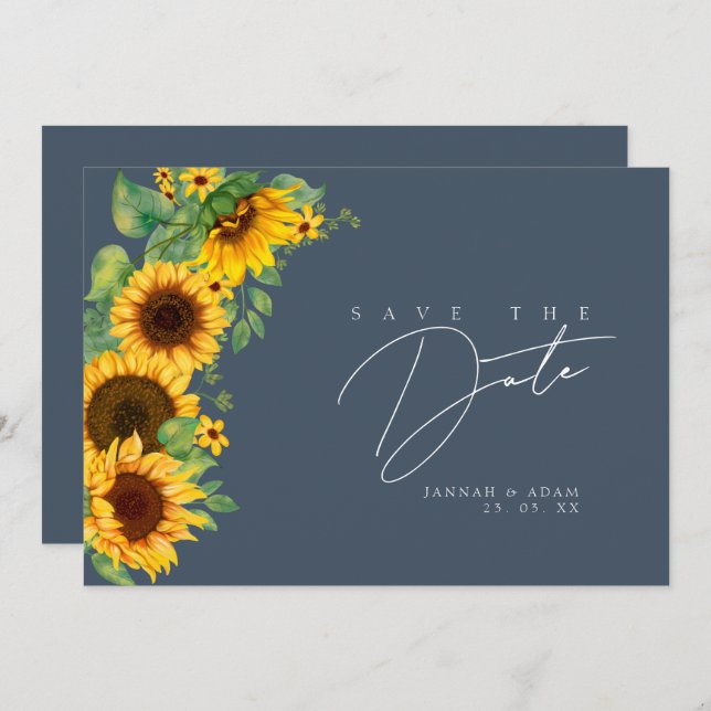 Simple Royal Blue Opulence Sunflower Wedding Save The Date (Front/Back)