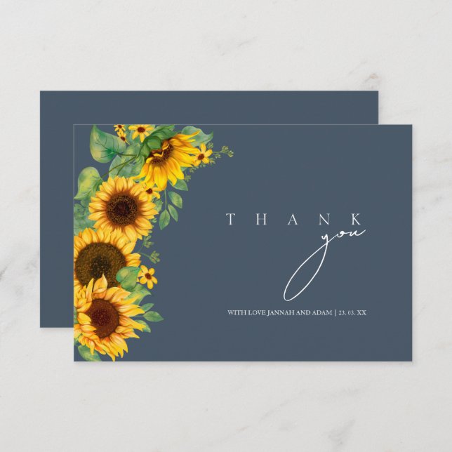 Simple Royal Blue Opulence Sunflower Wedding Thank You Card (Front/Back)