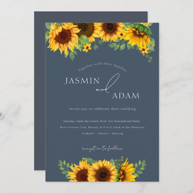Simple Royal Blue Opulence Sunflowers Wedding Invitation (Front/Back)