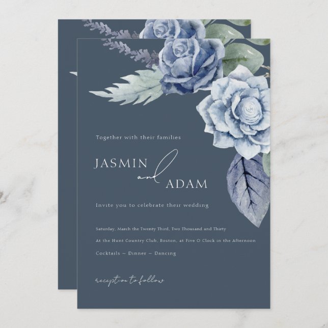 Simple Royal Blue Roses Floral Wedding Invitation (Front/Back)