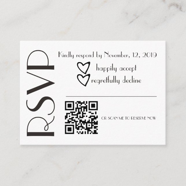 Simple RSVP Black White Heart Wedding QR Code Enclosure Card (Front)