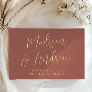 Simple Rust and Gold Foil Script Photo Wedding Guest Book