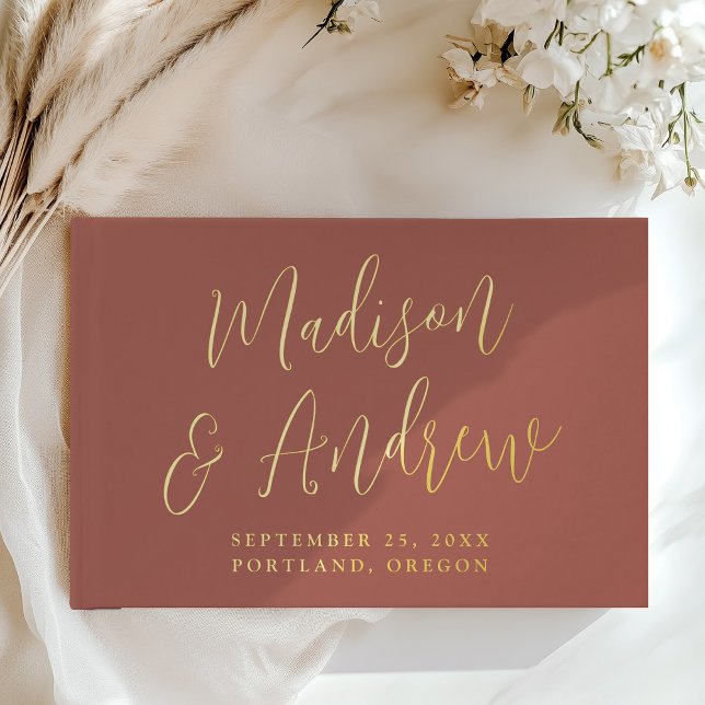 Simple Rust and Gold Foil Script Photo Wedding Guest Book (Creator Uploaded)