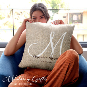 Simple Rustic Beige Burlap Monogram Wedding Cushion