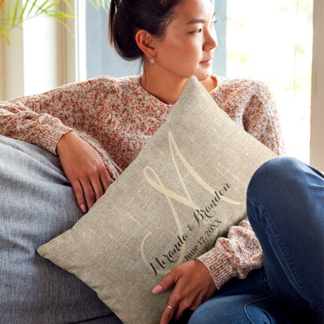 Simple Rustic Beige Burlap Monogram Wedding Lumbar Cushion (Creator Uploaded)