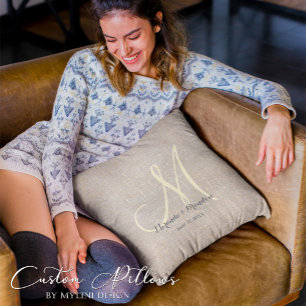 Simple Rustic Beige Burlap Monogrammed Cushion