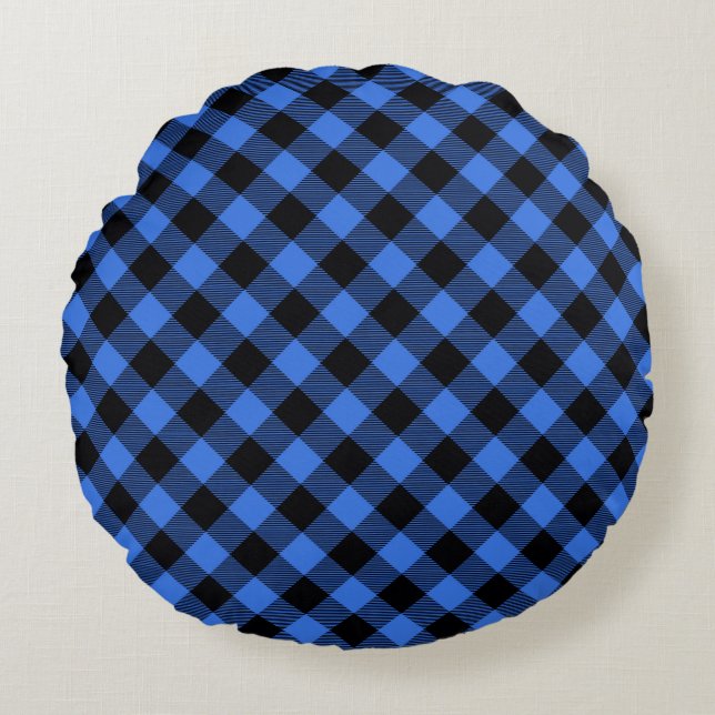 Simple Rustic Blue Black Buffalo Plaid Checks Round Cushion (Front)