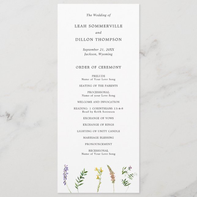 Simple Rustic Boho Floral Wildflower Wedding Programme (Front)