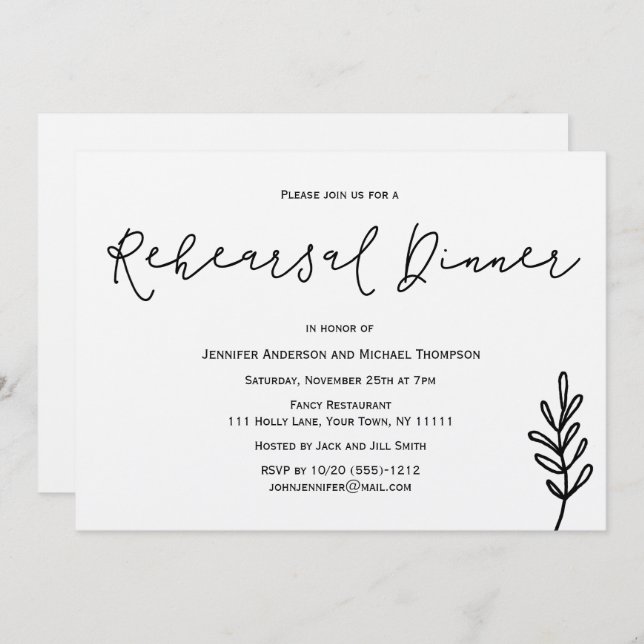 Simple Rustic Botanical Leaf  Rehearsal Dinner Invitation (Front/Back)
