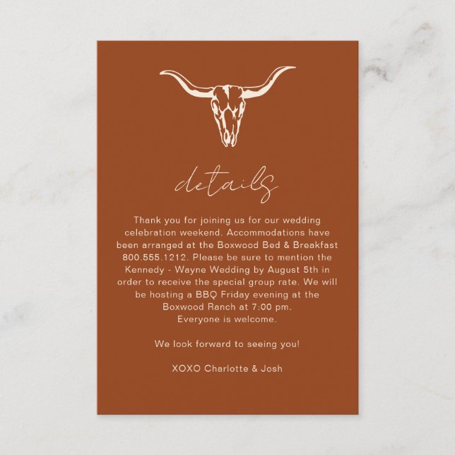 Simple Rustic Cow Skull Details Enclosure Card  (Front)