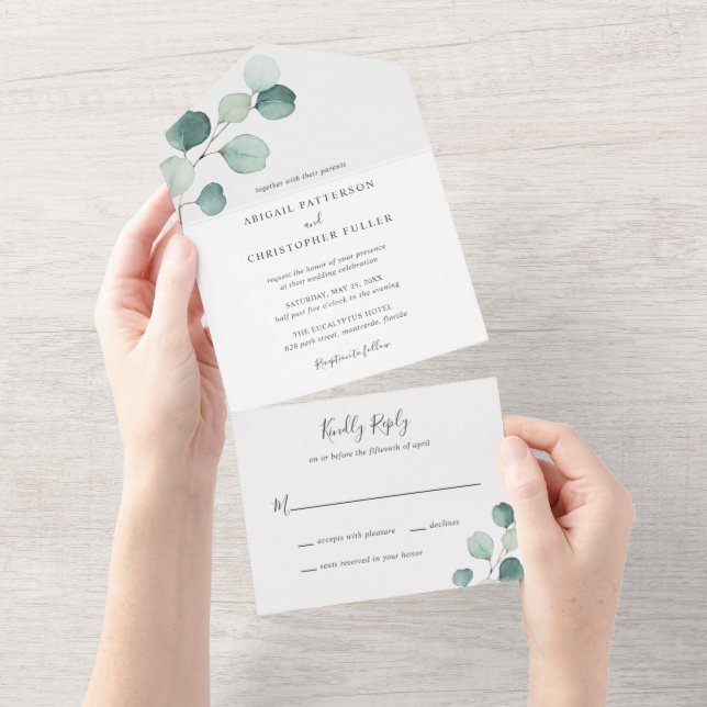 Simple Rustic Eucalyptus Greenery Elegant Wedding All In One Invitation (Tearaway)